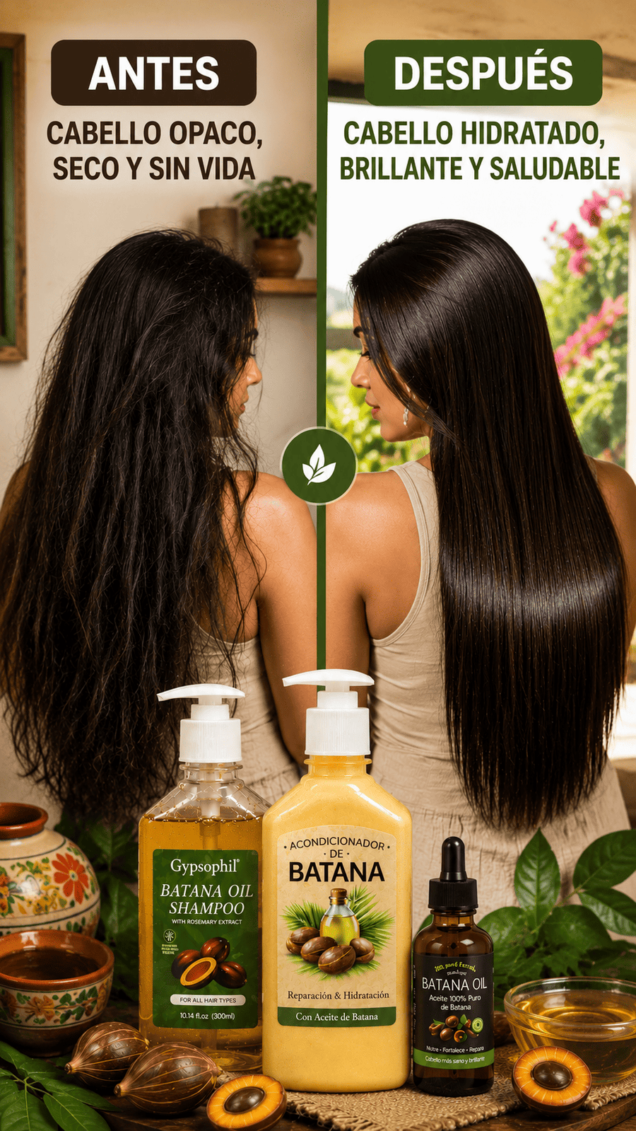 Mujer con cabello suave junto al combo de batana