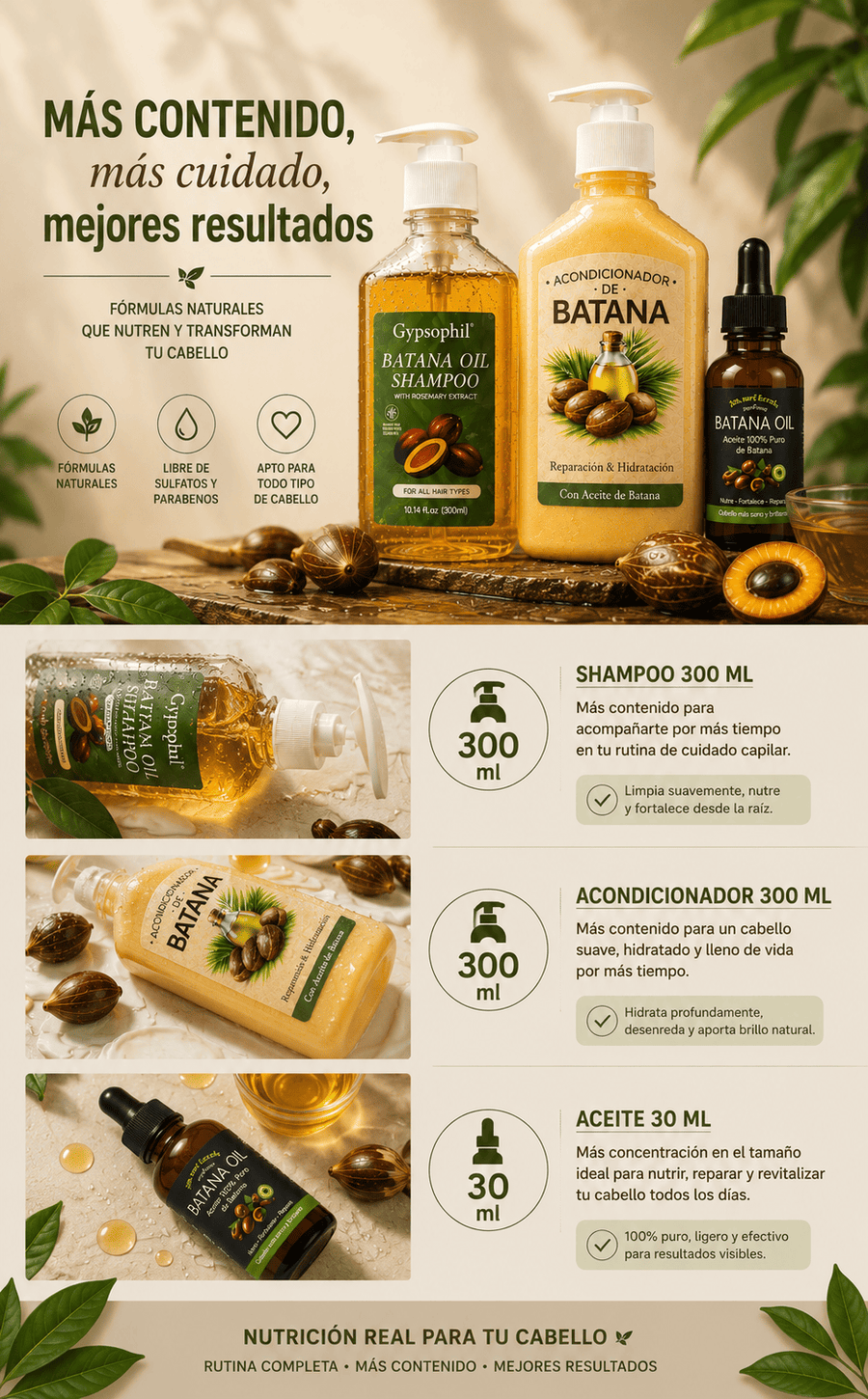 Presentación del combo: shampoo 300 ml, acondicionador 300 ml y aceite 30 ml